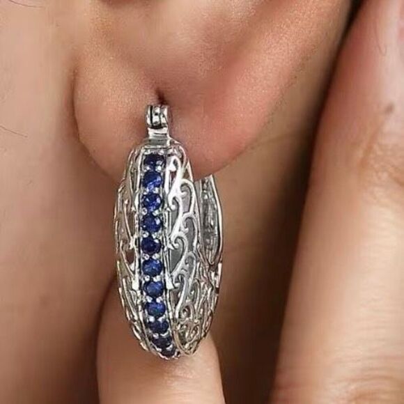 Blue Diamond 1.20 ctw Simulated Hoop Platinum Earrings - Picture 3 of 6